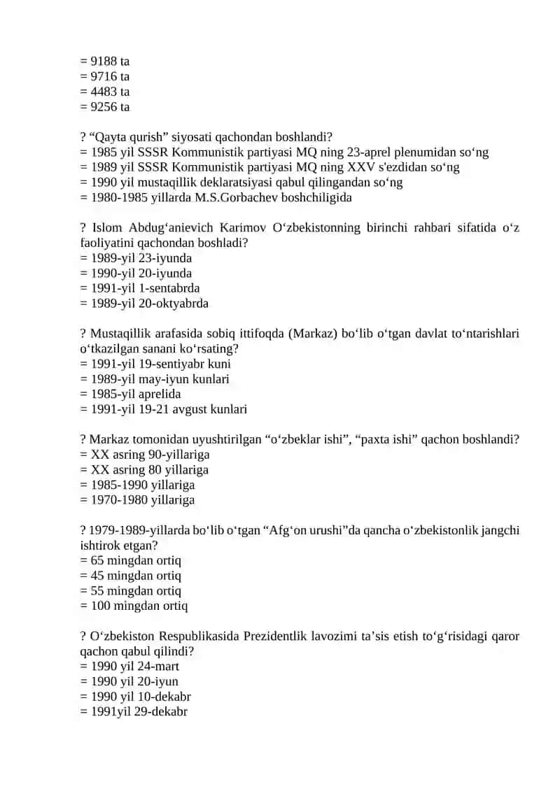 O‘zbekistonning eng yangi tarixi fanidan yakuniy nazorat uchun testlar 3