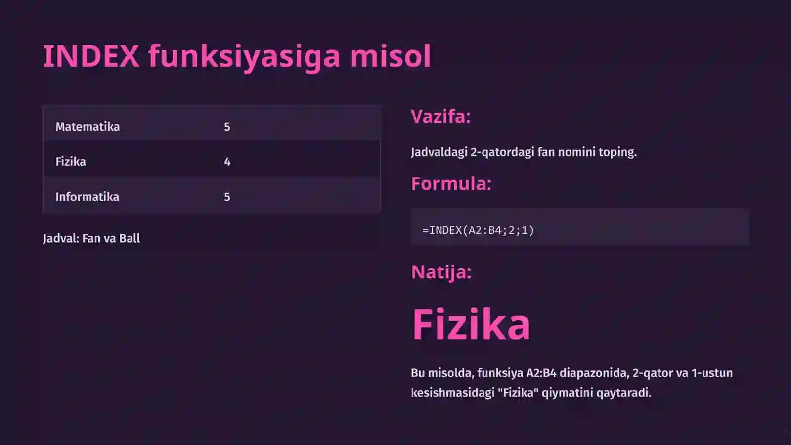 Excel: INDEX va MATCH Funksiyalari 3