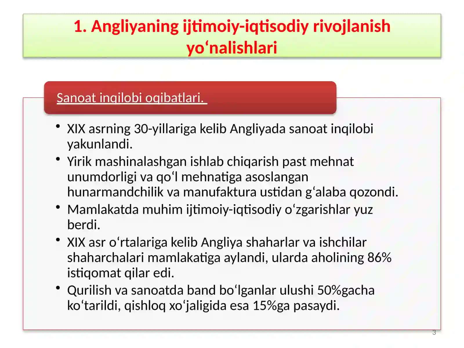 Ma’ruza rejasi: Angliyaning ijtimoiy-iqtisodiy rivojlanish yo‘nalishlari 3