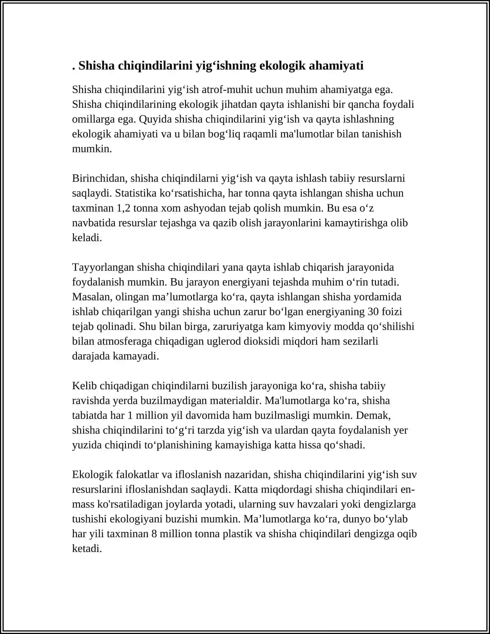 SHISHA CHIQINDILARNI YIGʻISH VA QAYTA ISHLASH MAVZUSIDA MUSTAQIL ISH 20BETLIK 3
