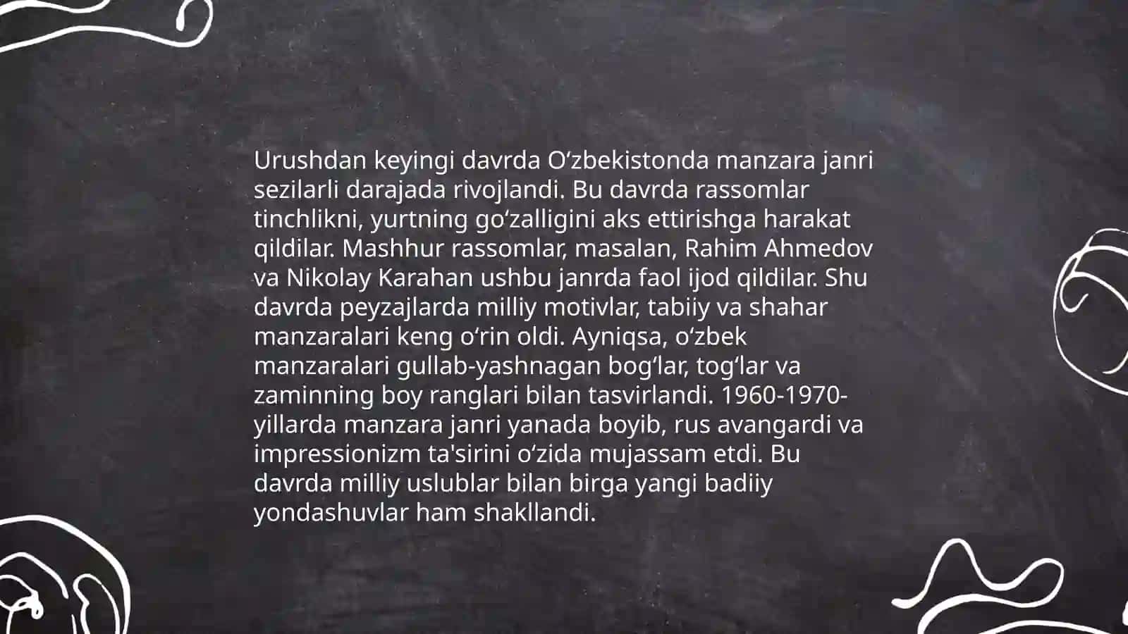 Urushdan keyingi davr manzara janri (O'rol Tansiqboyev, N. Qoraxon, R. Benkov ijodlari misolida) 3