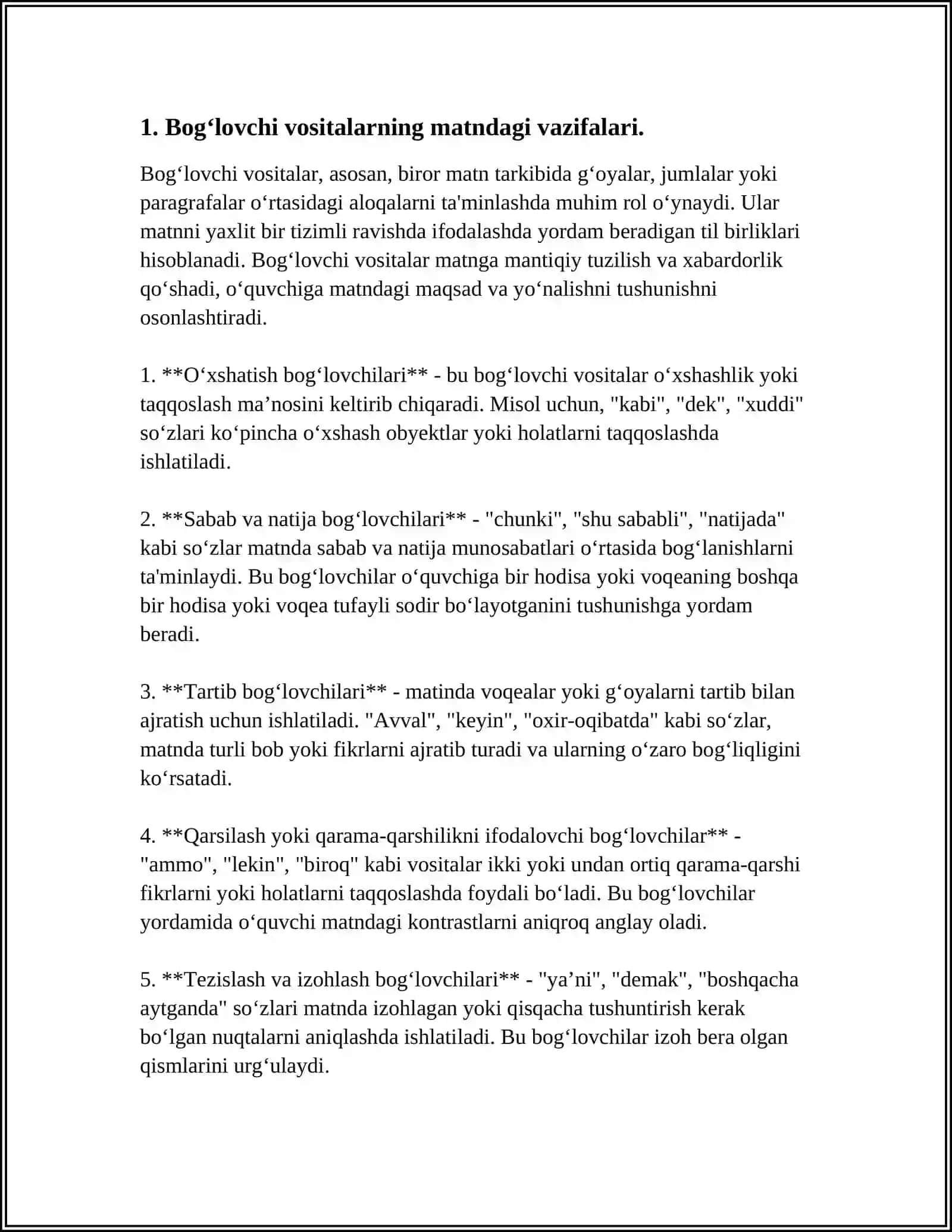 MATN TARKIBIY QISMLARINI BOGʻLOVCHI VOSITALAR YUZASIDAN MATNLARNI TAHLIL QILISH MAVZUGA DOIR MASHQLAR BAJARISH TAHLIL KAMIDA 10TADAN MASHQ 3