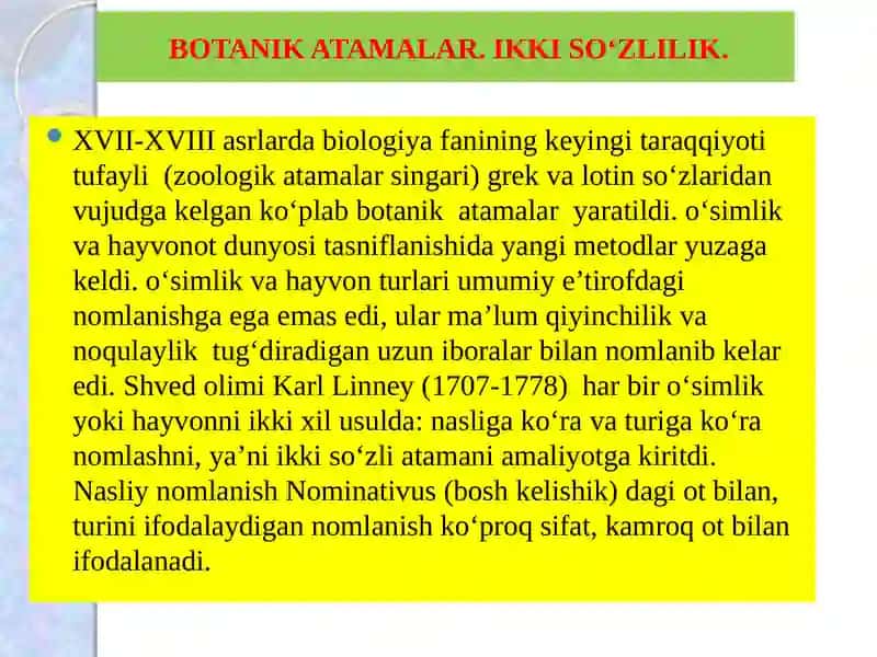 BOTANIK ATAMALAR. IKKI So‘ZLILIK. FARMAKOLOGIYADA o‘SIMLIKLARNING BOTANIK NOMLARINING Qo‘LLANILISHI 3