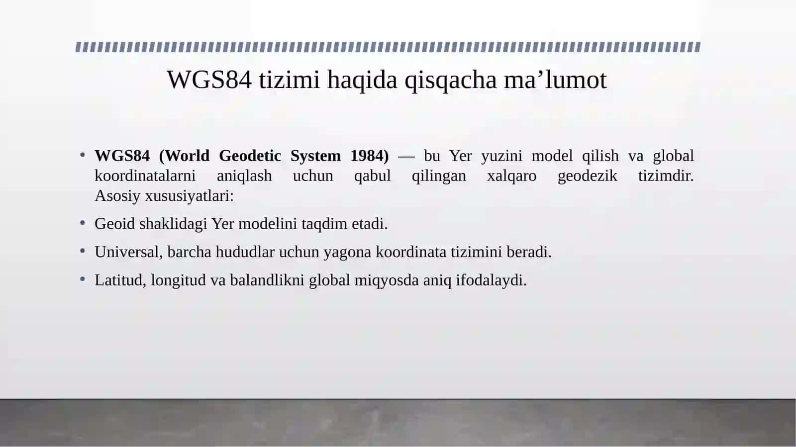 WGS84 global koordinata tizimining sun’iy yo‘ldosh navigatsiyasi va GIS texnologiyalaridagi ahamiyati 3