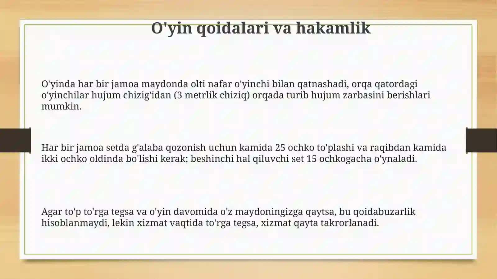 Voleybol oʻyini qoidasi,texnikasi va taktikasi 3