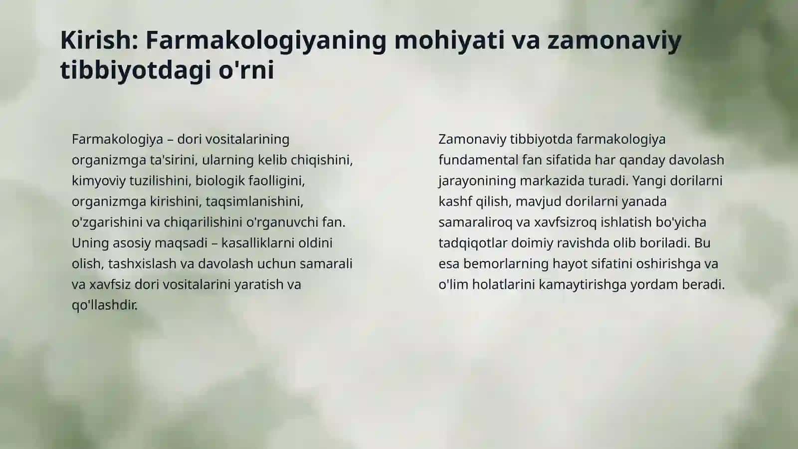 Umumiy farmakologiya. Dori moddalarni farmokokinetikasi va farmakodinamikasi. 3