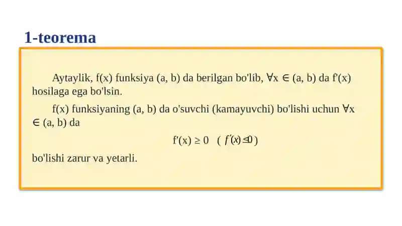 Hosila yordamida funksiyani monotonlikka tekshirish. Funksiya ekstremumi, ularni hosila yordamida topish 3
