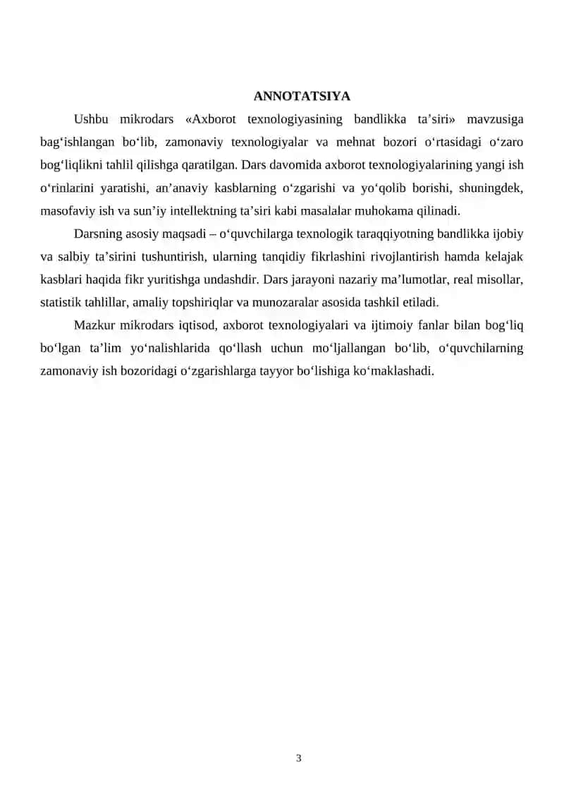 SURXONDARYO VILOYATI PEDAGOGIK MAHORAT MARKAZI “ ” kafedrasi guruh tinglovchisining “Axborot texnologiyasining bandlikka ta'siri ʼʼ mavzusidagi MIKRODARSI 3