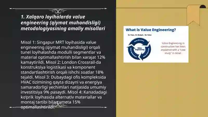 Xalqaro loyihalarda value engineering (qiymat muhandisligi) metodologiyasining amaliy misollari 3