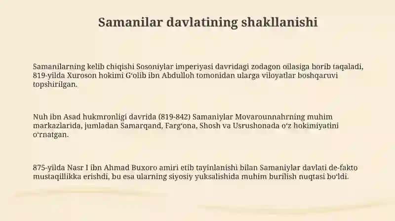 Oʻzbek davlatchiligining tarixiy bosqichlari (Oʻzbekiston hududidagi Somoniylar mosolida) 3