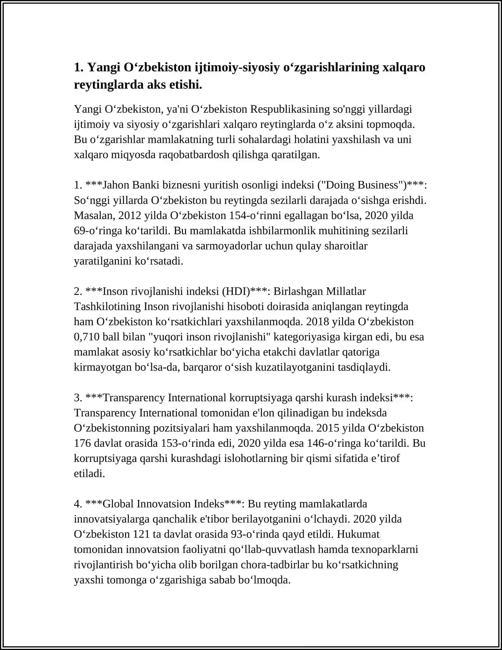 YANGI O'ZBEKISTON IJTIMOIY-SIYOSIY, IQTISODIY VA MADANIY HAYOTIDA ROʻY BERAYOTGAN OʻZGARISHLARNING XALQARO REYTING VA INDEKSLARDA AKS ETISHI 3