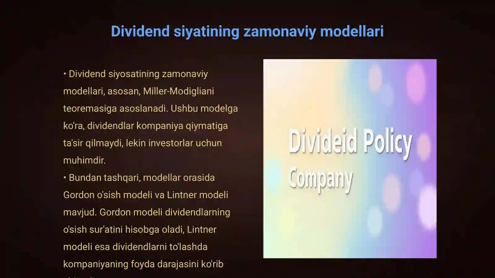 Dividend siyosatini yuritishning zamonaviy modellari va kompaniya qiymatiga ta’siri’’ mavzusida uzavto motros misolida 3