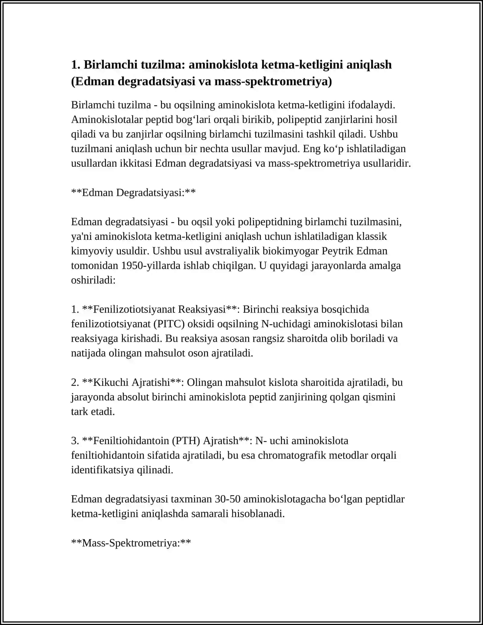 Birlamchi tuzilma: aminokislota ketma-ketligini aniqlash (Edman degradatsiyasi va mass‑spektrometriya) 3