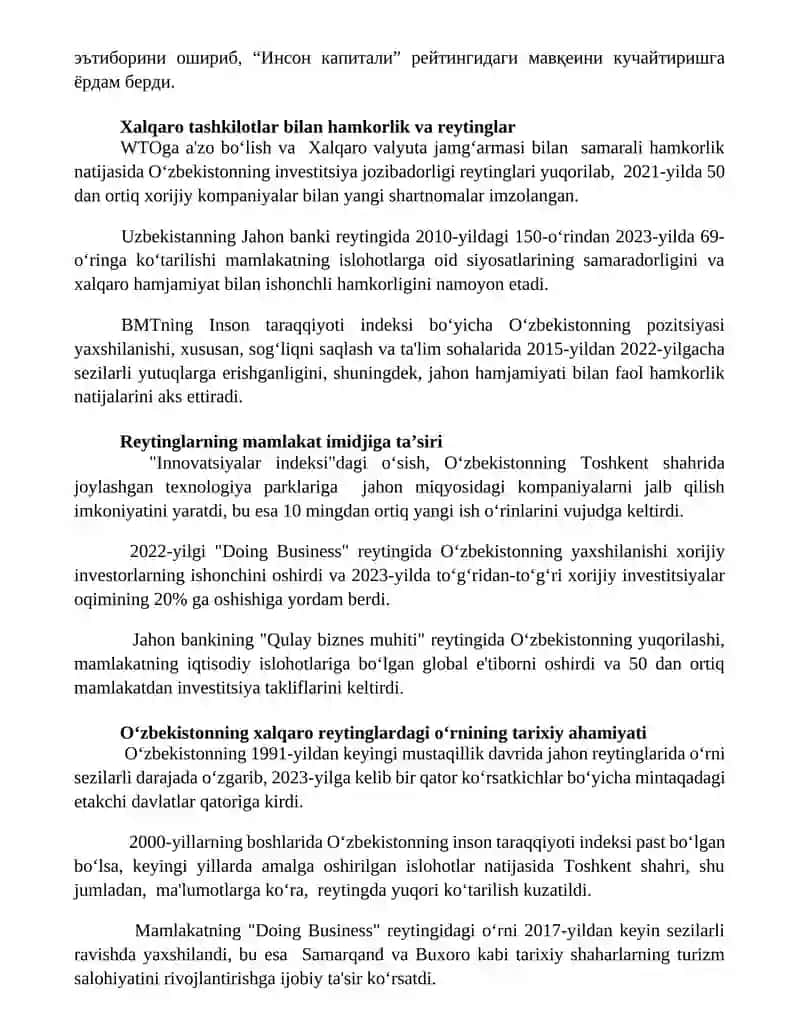 O'zbekistonning xalqaro reytinglardagi ko'rsatkichlarini ko'tarishning tarixiy, siyosiy ahamiyati 3