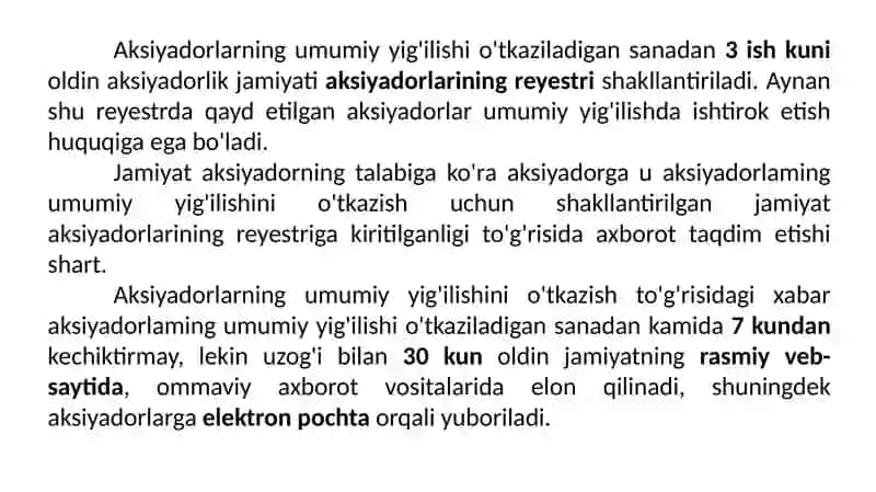 Aksiyadorlar umumiy g'ilishini tashkilotish, o'tkazish va rasmiylashtirish 3