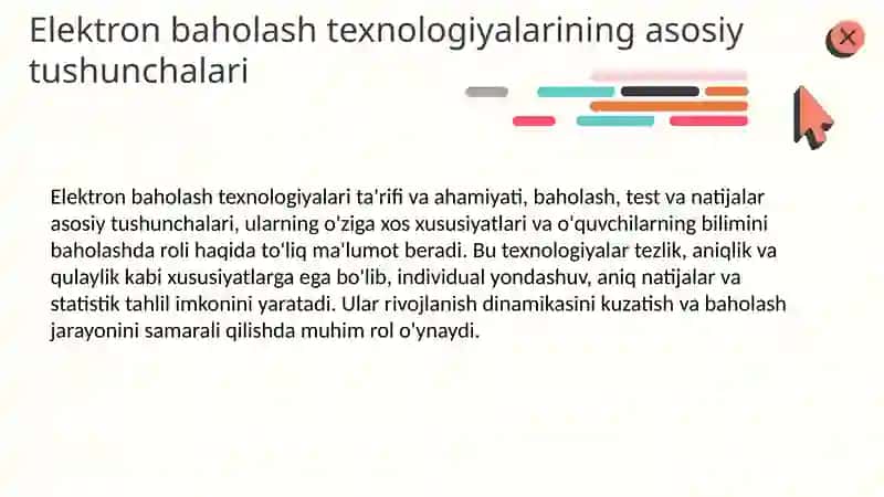 Diagnostika va o`quvchilar bilimini elektron baholashning zamonaviy metod va texnalogiyalarini joriy etishi. 3