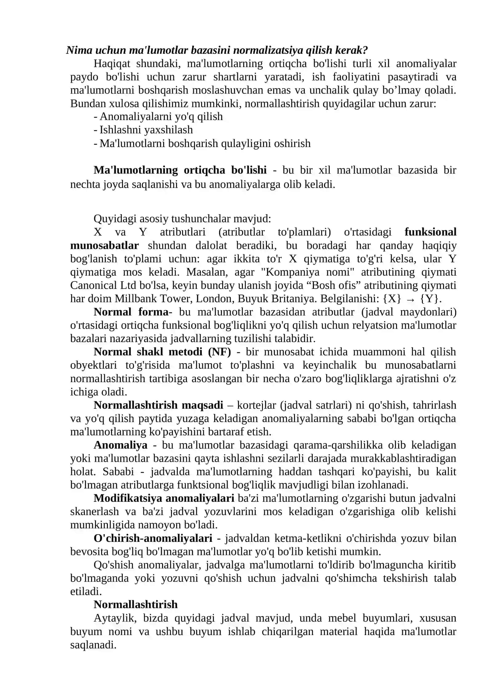 Ma‘lumotlar bazasini normallashtirish va 1NF, 2NF, 3NF va Kodd normal formalari 3