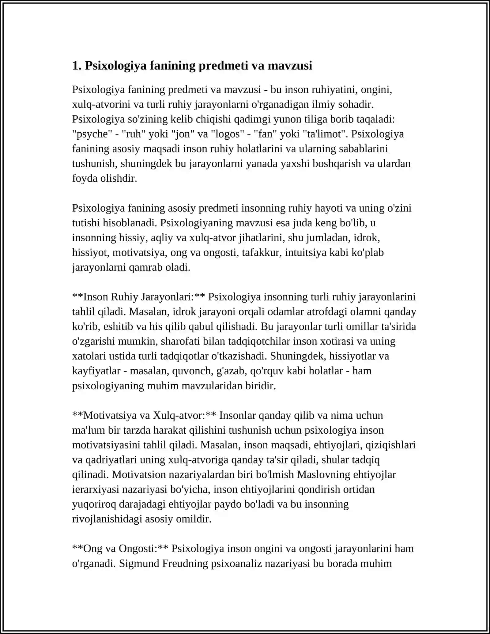PSIXOLOGIYA FANINING PREDMETI. PSIXOLOGIYA FANINING MAQSADI VA VAZIFALARI 3