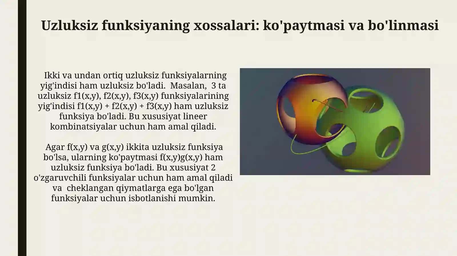 Uzluksiz funksiyaning xossalari: ko'paytmasi va bo'linmasi 3