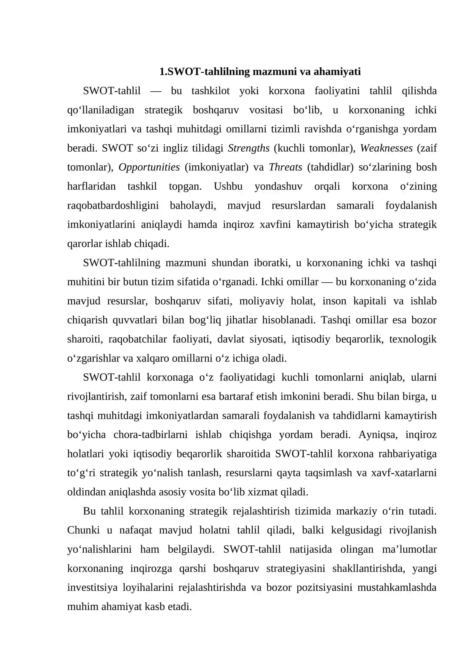 Korxonada inqiroz xavfini vujudga keltiruvchi omillarni SWOT-tahlil asosida o'rganish 3