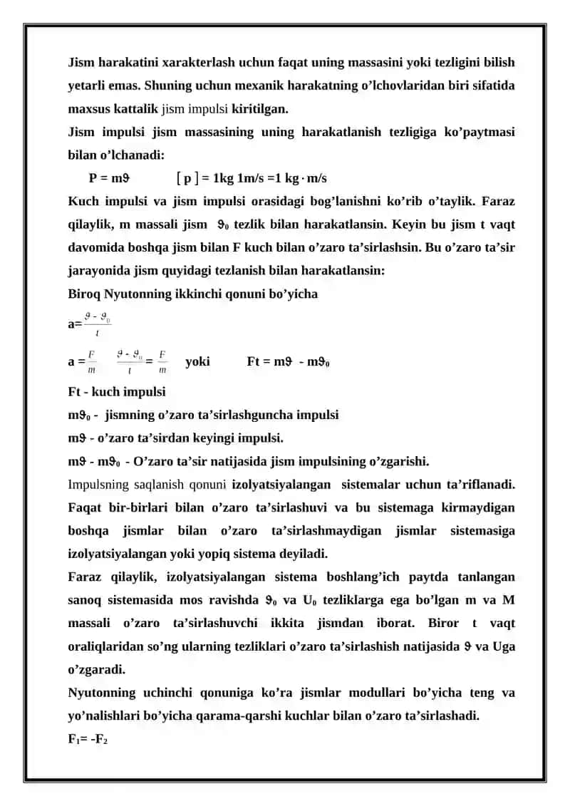 Mexanik ish va quvvat. Energiya va uning saqlanish qonuni. Jismlarning absolyut elastik va noelastik urilishlar 3