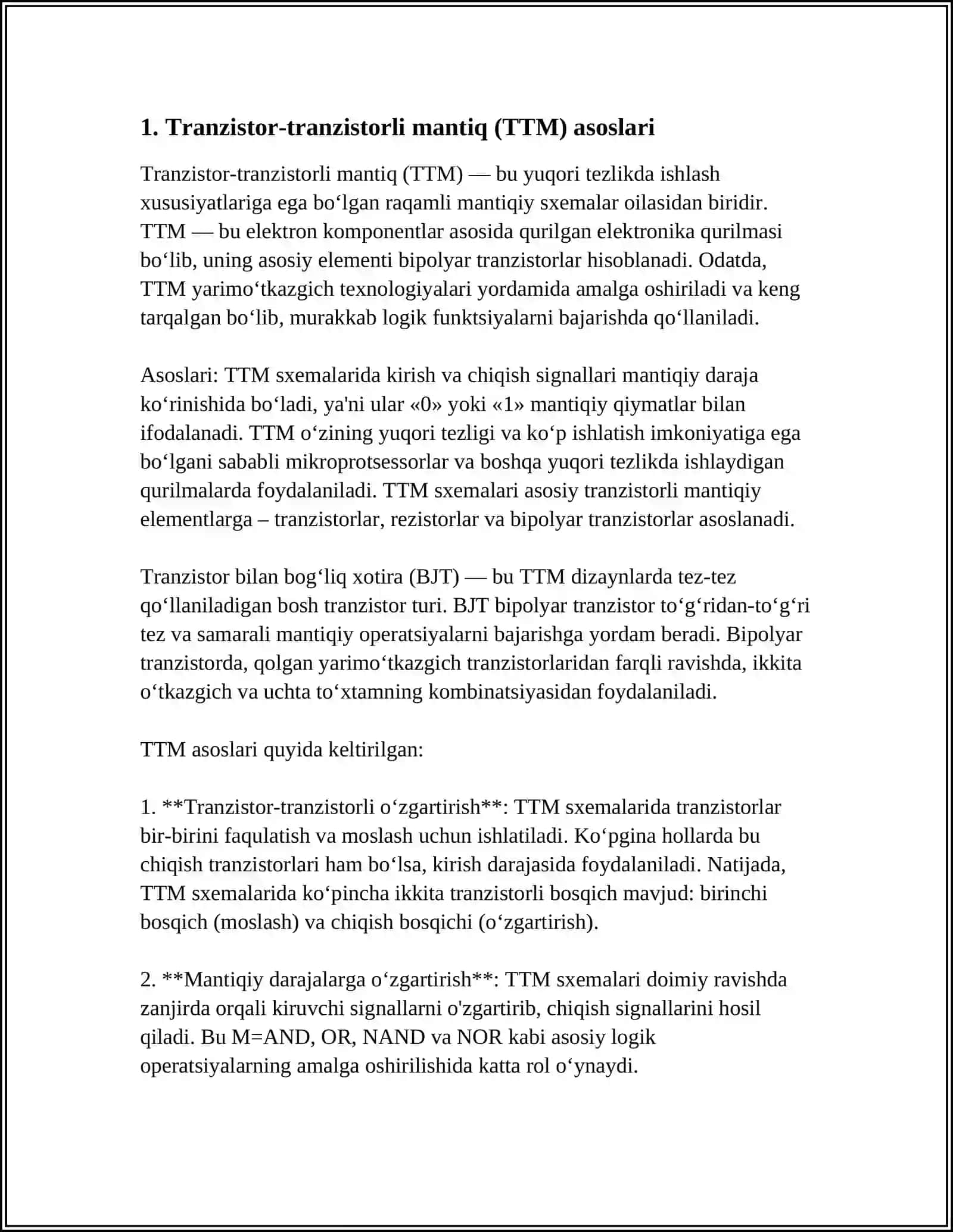 TRANZISTOR-TRANZISTORLI MANTIQ (TTM) HAGIDA TUSHUNCHA. SODDA INVERTORLI TTM ME SXEMASI. MURAKKAB INVERTORLI TTM ME SXEMASI VA ISHLASH PRINSIPI 3