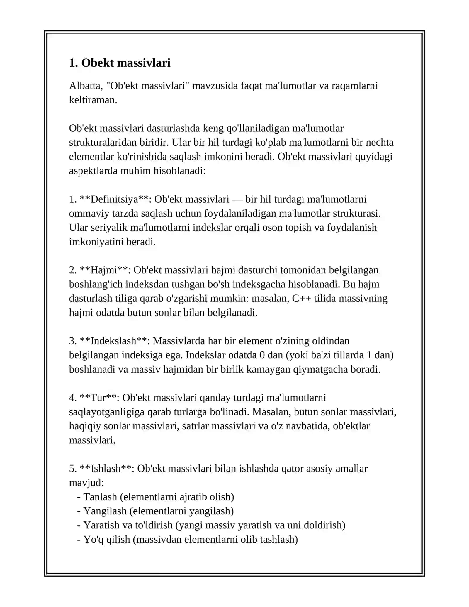OBYEKT MASSIVI. SINFLAR ORASIDAGI MUNOSABATLAR. INKAPSULYATSIYA VA MEROSXO’RLIK. POLIMORFIZM. ASOS SINF A’ZOLARIGA MURIJAATLARNI BOSHQARISH. VIRTUAL FUNKSIYA. POLIMORFIZM. ABSTRAKT SINF. 3