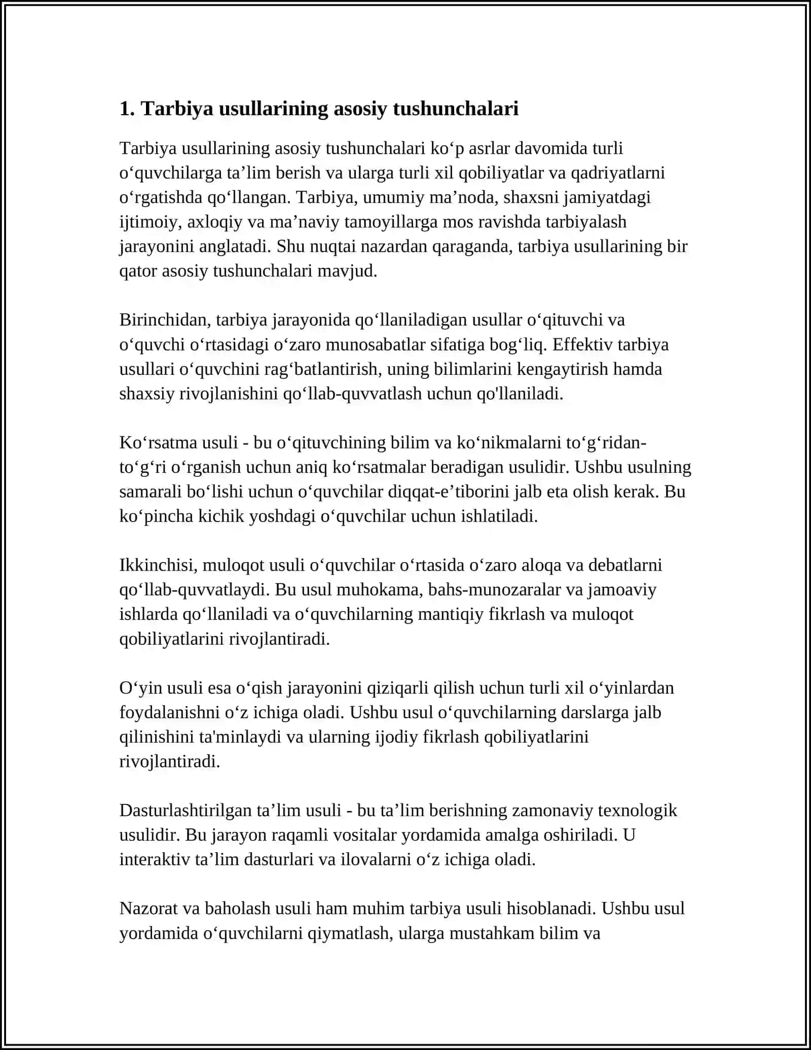 MUSTAQIL ISH Mavzu: TARBIYA USULLARI VA SHAKLLARI. TARBIYA USULLARINI TANLASHGA QO’YILADIGAN TALABLAR 3