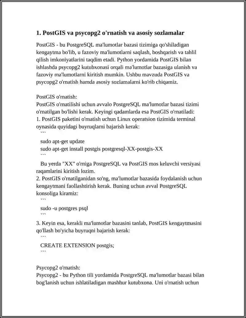 POSTGIS VA PYTHON (PSYCOPG2) YORDAMIDA MA'LUMOTLAR BAZASIGA ULASH VA FAZOVIY MA'LUMOTLARNI KIRITISH 3