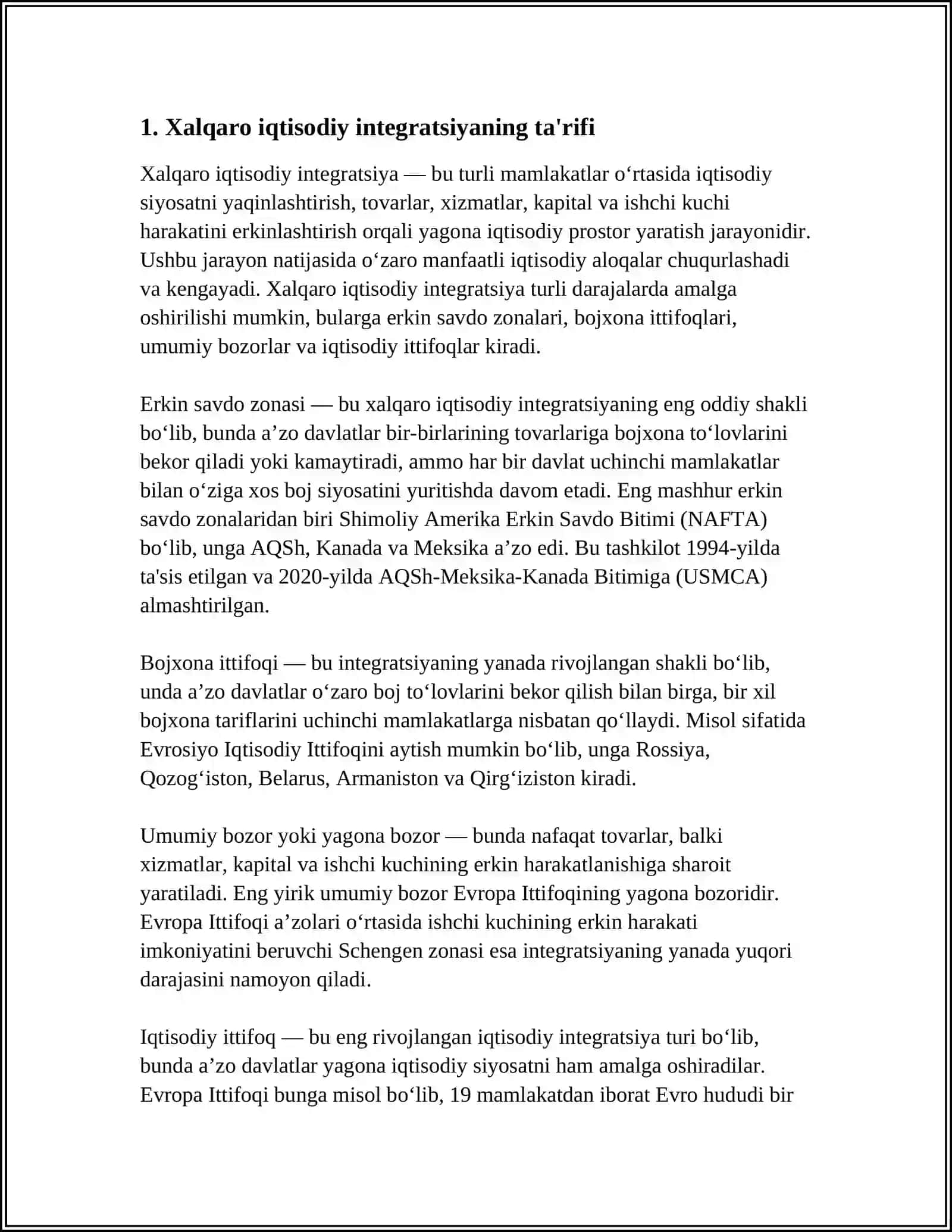 XALQARO IQTISODIY INTEGRATSIYANING MOHIYATI, UNING TURLARI VA OB'EKTIV ASOSLARI 3