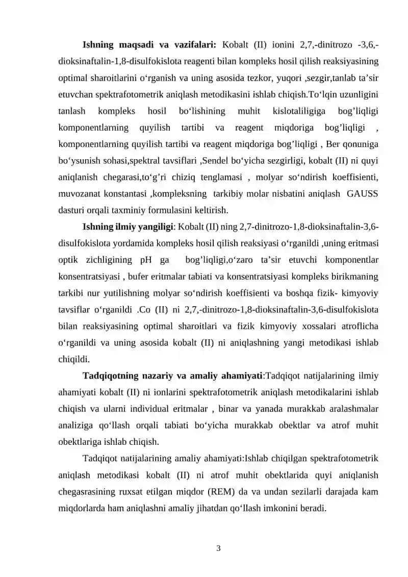Co (II) IONLARINI YANGI ORGANIK REAGENT YORDAMIDA SPEKTROFOTOMETRIK ANIQLASH 3