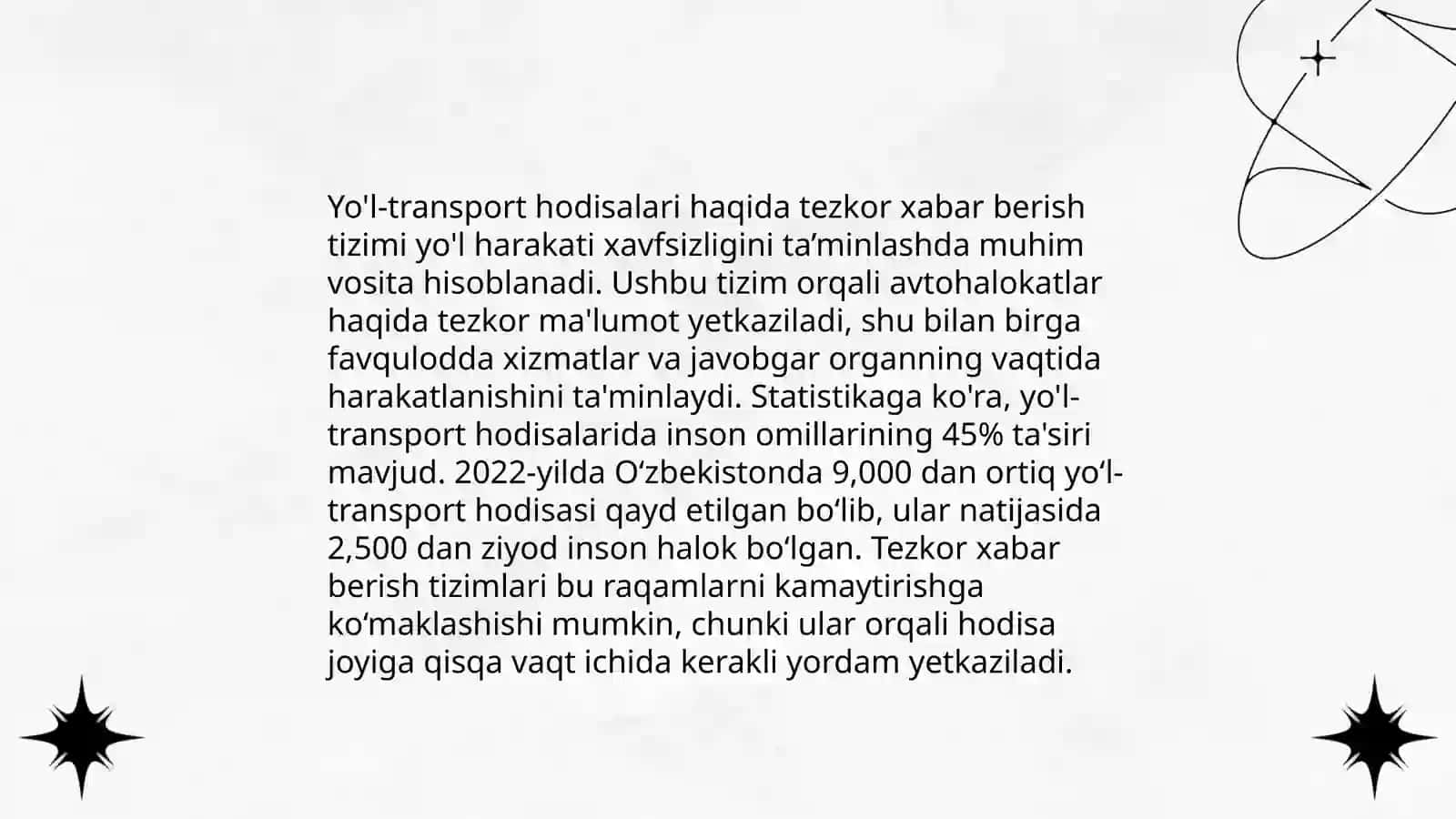 Yo’l-transport xodisasn (YTX) to’g’risida o’z vaqtida xabar berish va ogohlantirish tizimi 3