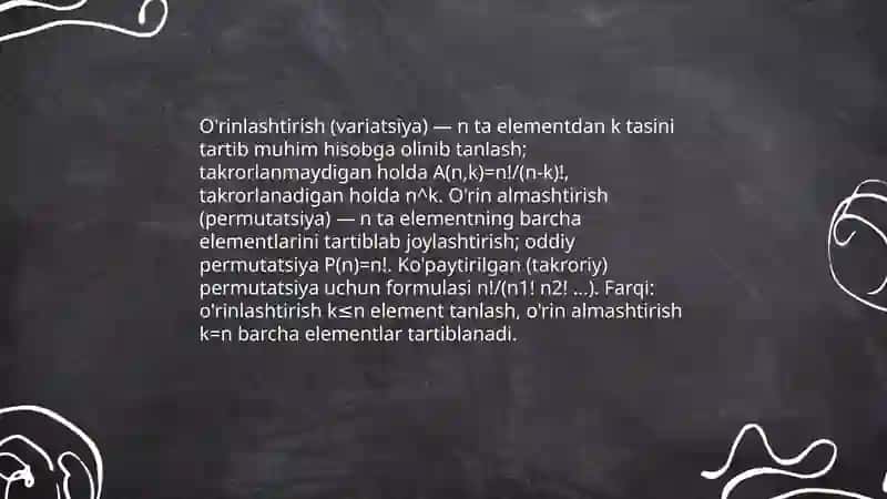 Takrorlanadigan va takrorlanmaydigan o'rinlashtirishlar va o'rin almashtirishlar 3