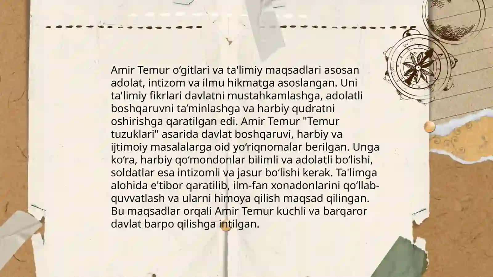 Amir Temur o’gitlarining tarbiyaviy ahamiyati.Alisher Navoiyning pedagogik qarashlari 3