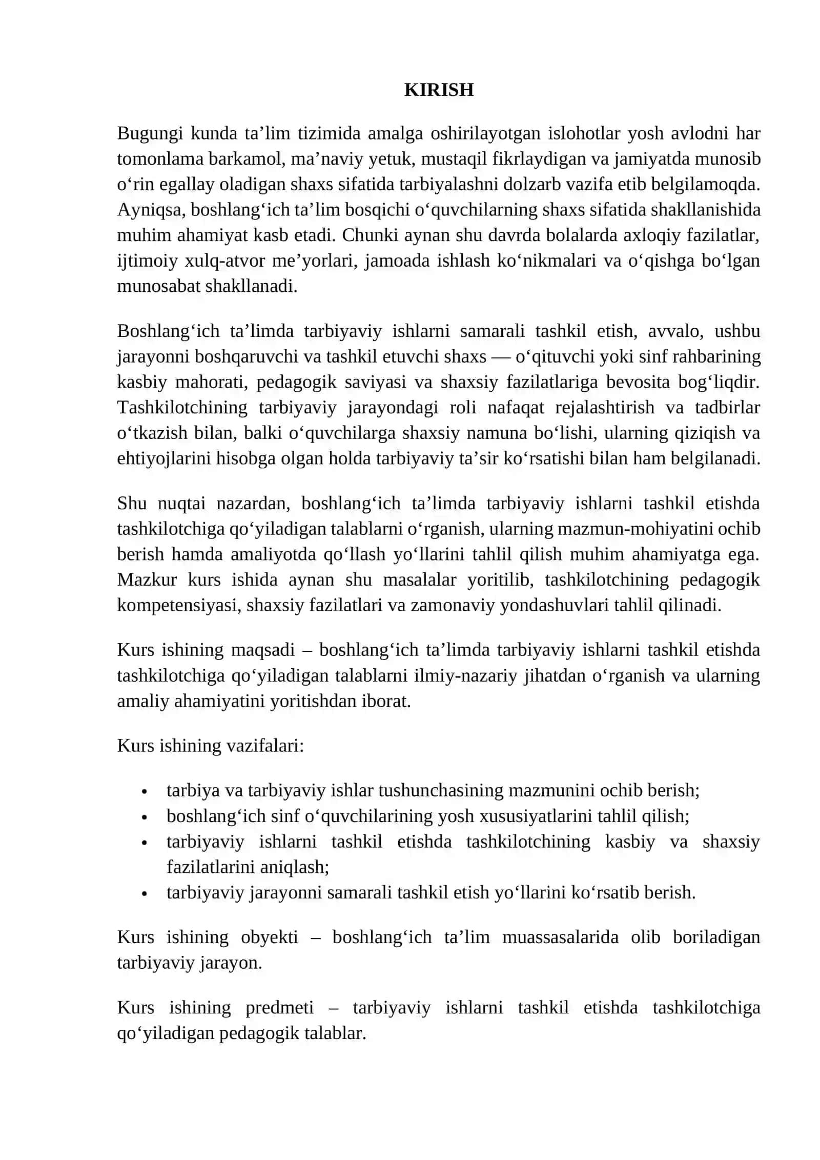 "BOSHLANG‘ICH TA’LIMDA TARBIYAVIY ISHLARNI TASHKIL ETISHDA TASHKILOTCHIGA QO‘YILADIGAN TALABLAR" MAVZUSIDA YOZGAN KURS ISHI 3