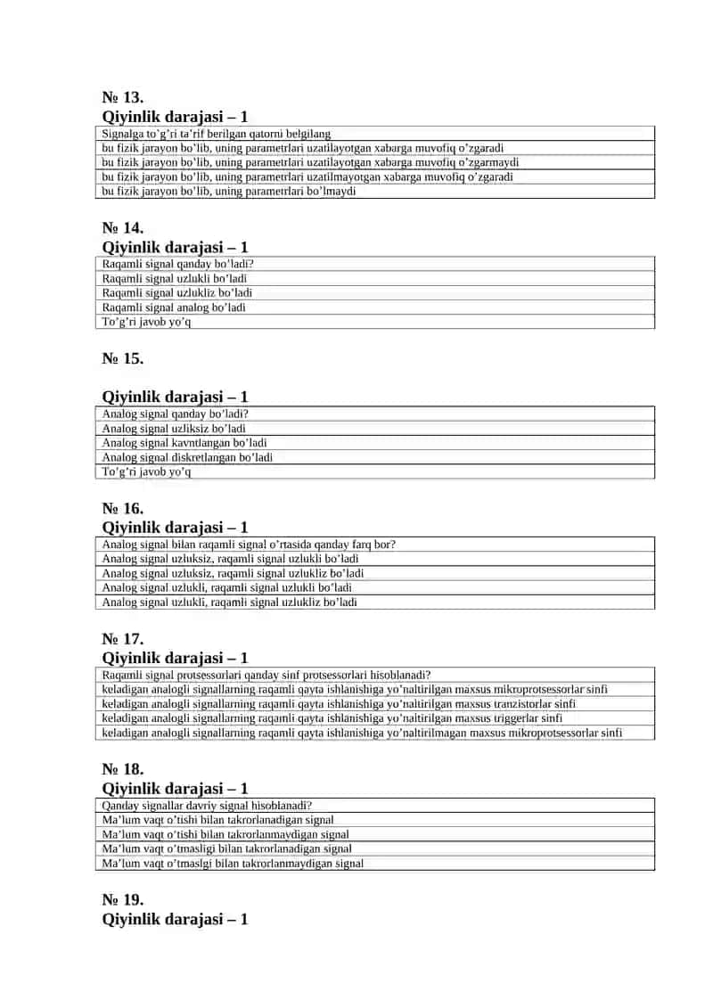 Tizim va signallarni qayta ishlash Test(o‘zbekcha) 3