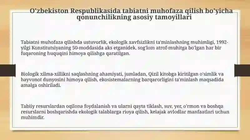O‘zbekiston Respublikasi tabiatini asrashga doir qonunlarni o‘rganish taxlil qilish 3
