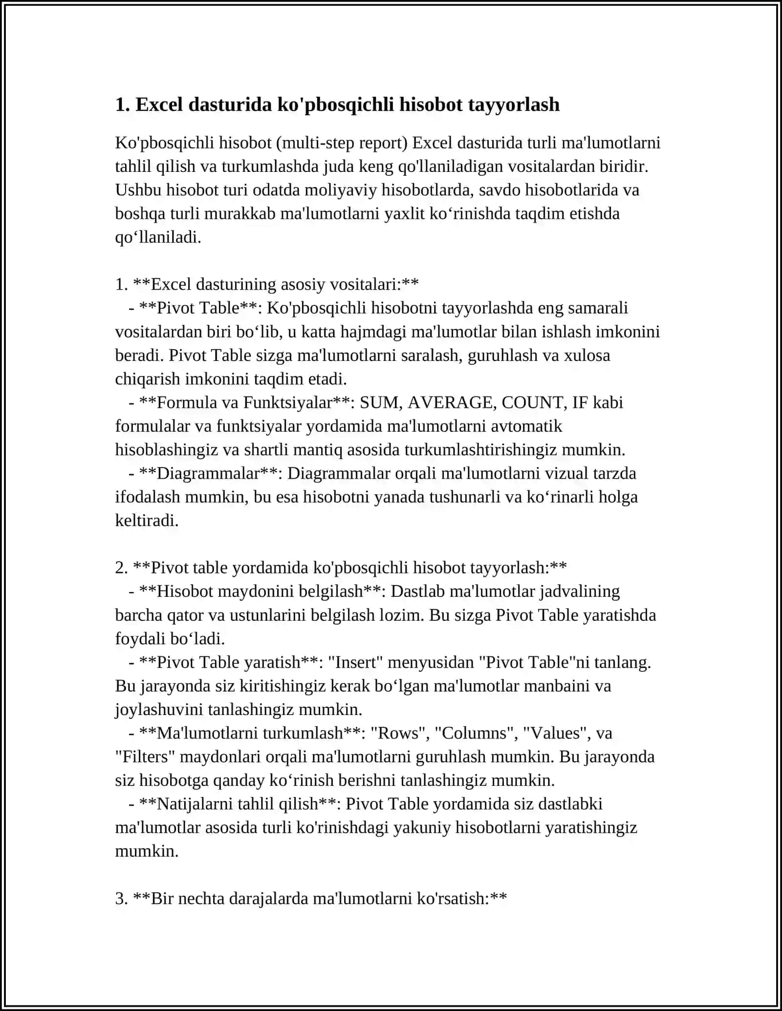 EXCEL DASTURIDA TURLI HISOBOTLAR TAYYORLASH 3
