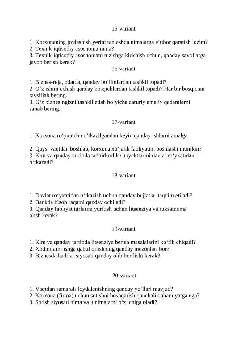 “ Tadbirkorlik va ishga joylashtirish texnalogiyasi asoslari” fanidan yakuniy nazorat test savollari 3