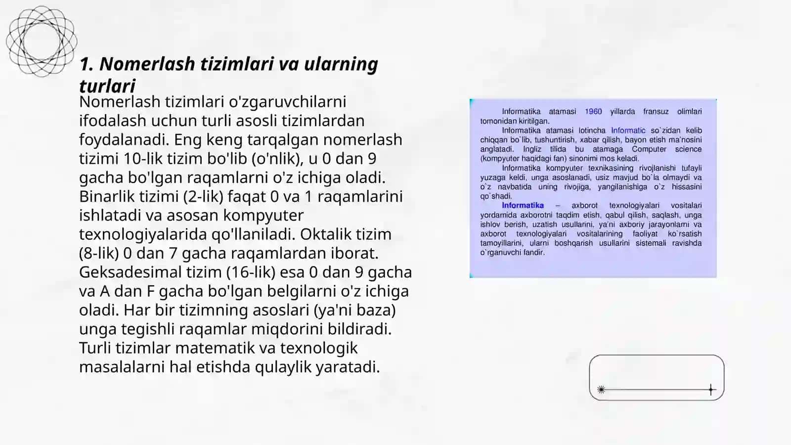 Nomerlashga oʻrgatishga tayyorgarlik. Son va sanoq tushunchasini shakllantirish bosqichlari. Oʻnli sanoq sistemasi xususiyatlari va uning nomerlashga asos qilib olinishi 3