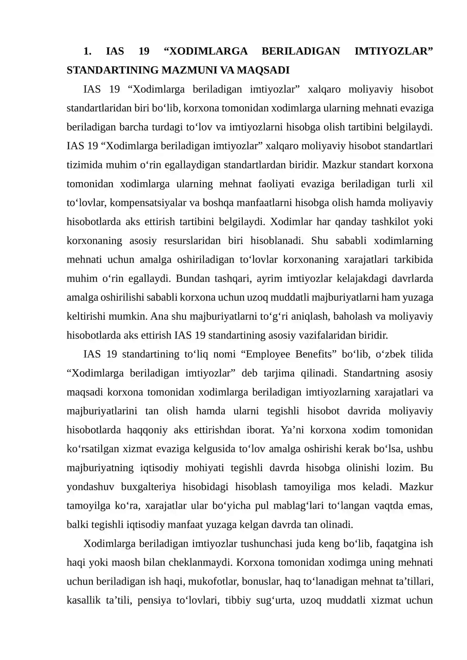 IAS 19 “XODIMLARGA BERILADIGAN IMTIYOZLAR” STANDARTINING ASOSIY QOIDALARINI O'RGANISH 3