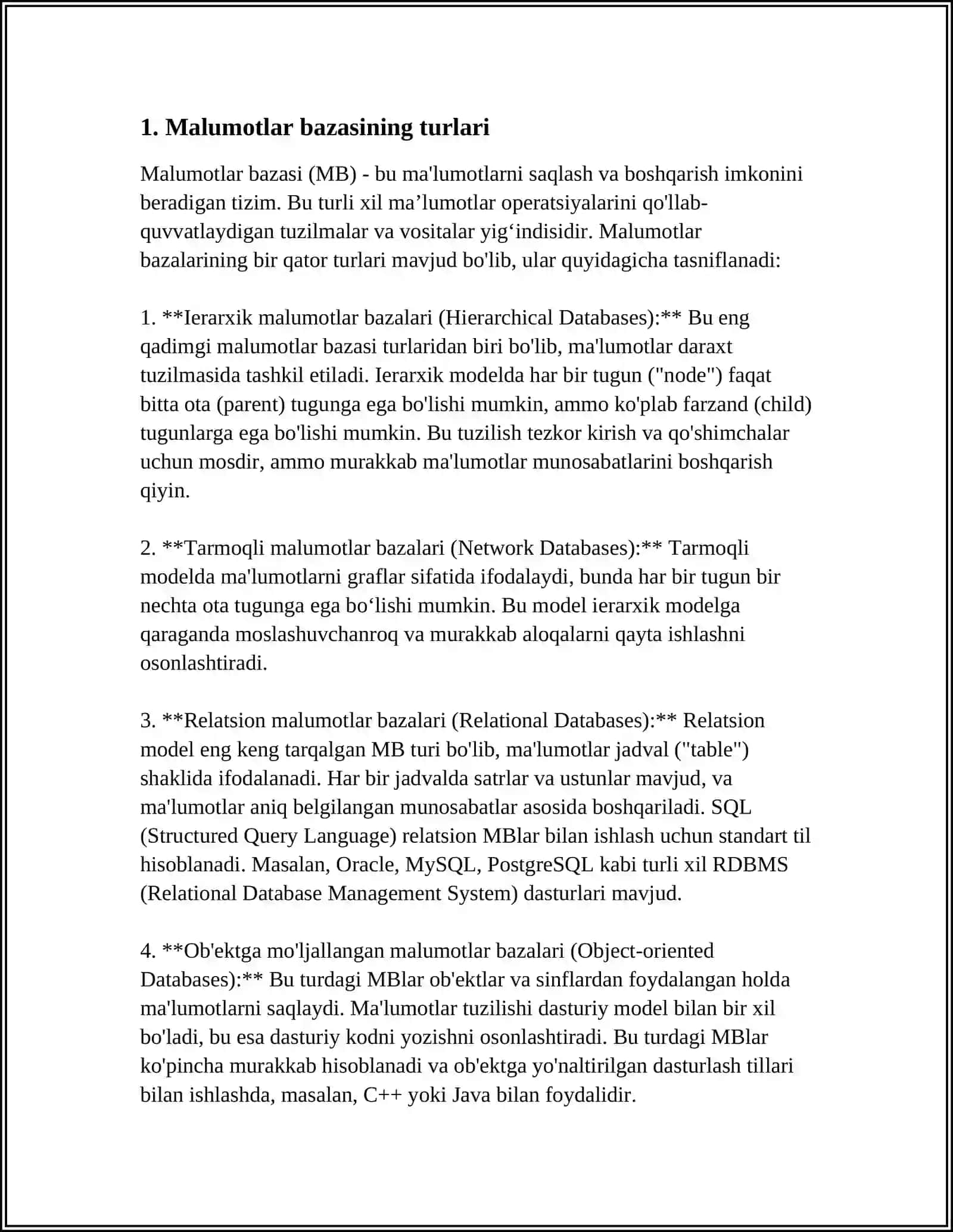 MA'LUMOTLAR BAZASI TURLARI VA AXBOROT TIZIMLARINI ZAMONAVIY MUHANDISLIK KOMUNIKATSIYA SOHASIDAGI ROLI 3