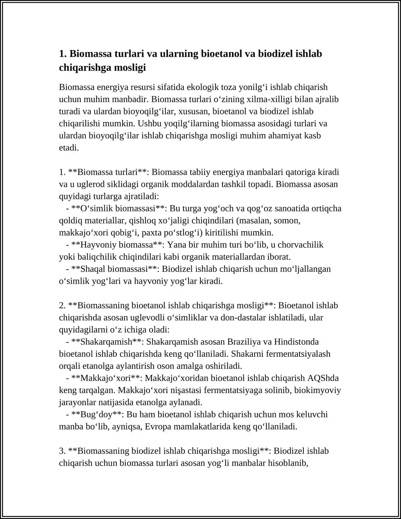 BIOMASSADAN OLINADIGAN BIOYOQILG‘ILAR: BIOETANOL VA BIODIZEL ISHLAB CHIQARISH TEXNOLOGIYASI 3