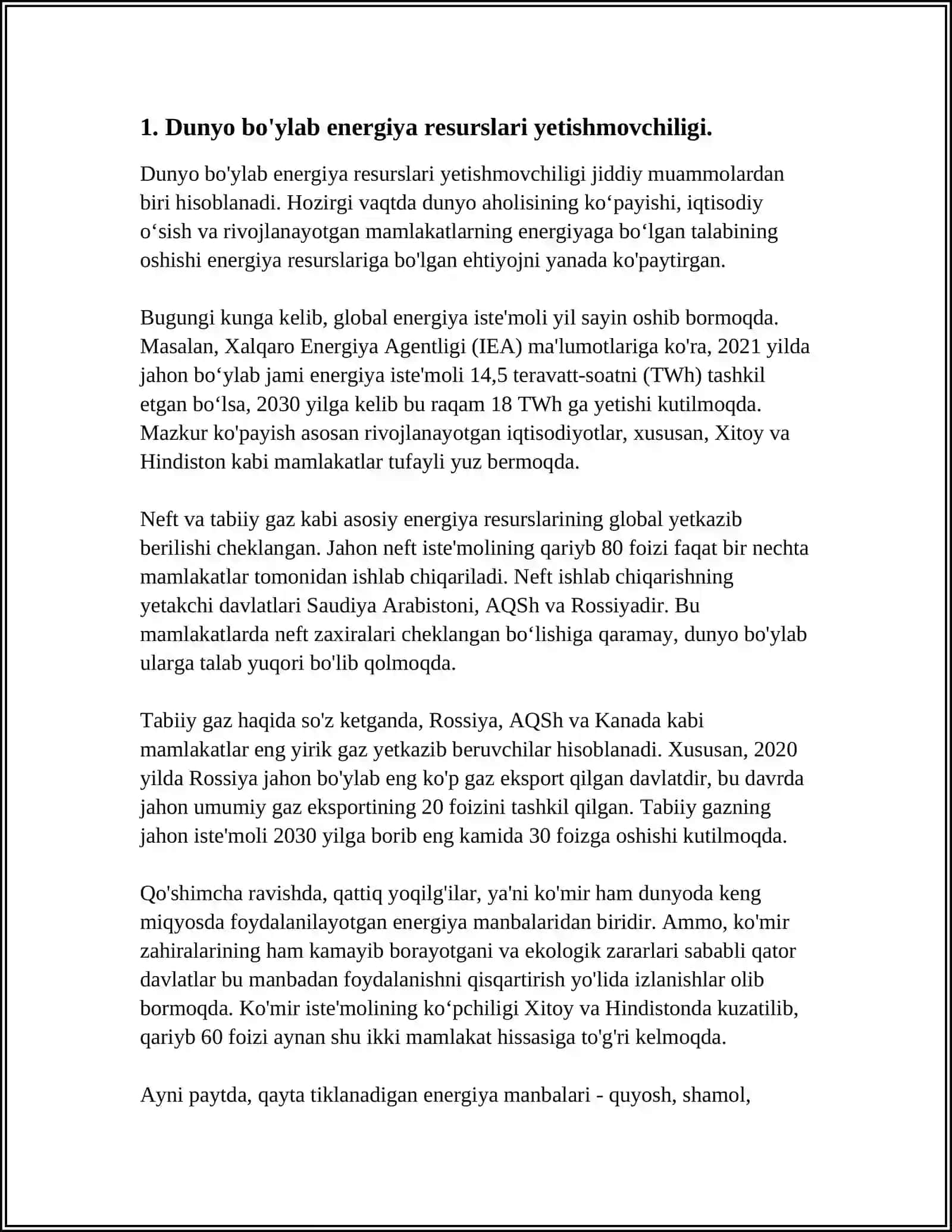 2- JAHONDA YOQINLGʻI ENERGETIKA RESURSLARINING YETISHMASLIGI VA ENERGIYA ISTEʼMOLINING ORTIB BORISHI 3