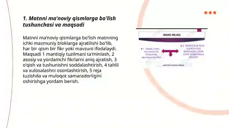 Matnni ma'noviy qismlarga bo'lish tamoyillari. Xat boshi. Reja.Rejaning turlari 3
