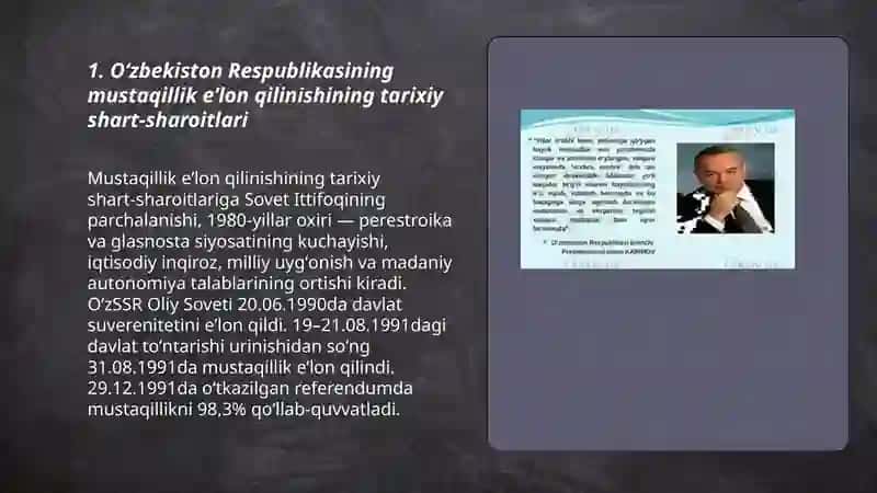 Oʻzbekiston Respublikasi davlat mustaqilligining eʼlon qilinishi va uning tarixiy ahamiyati 3