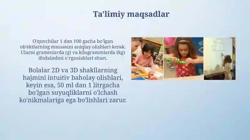 Boshlang'ich sinflarda massa va sig'im o'lchov birliklarini o'rgatishmetodikasi 3