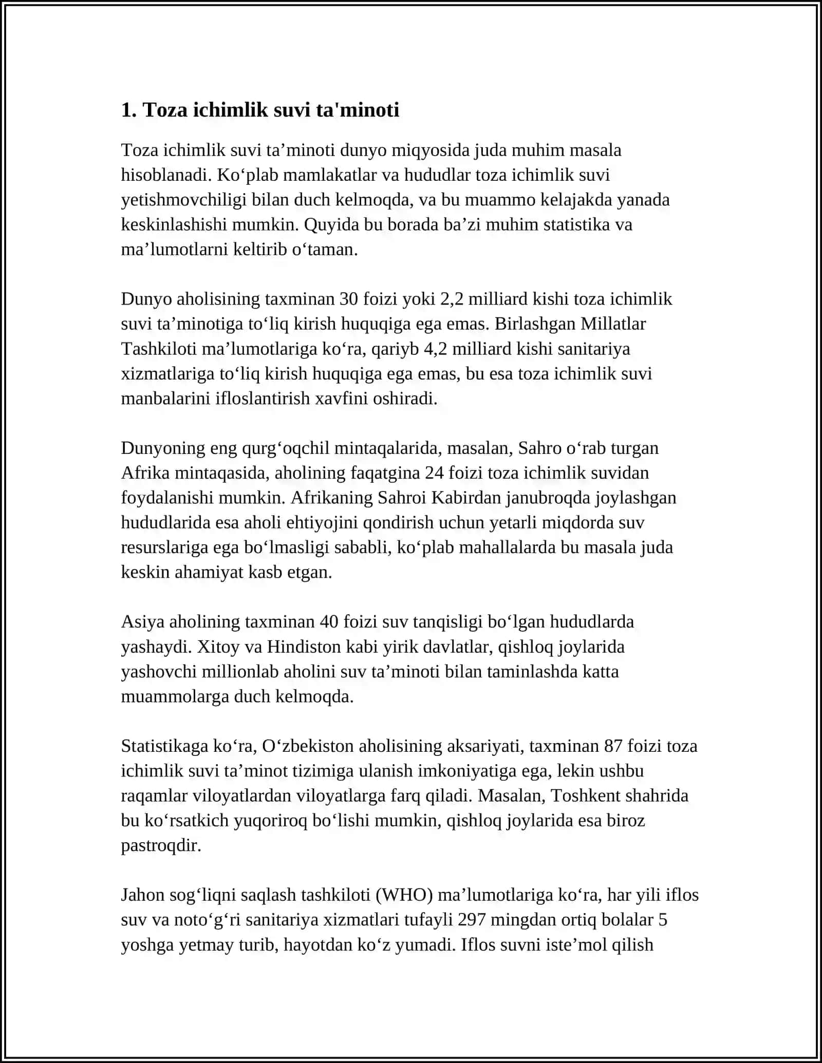 SUVNING SALOMATLIK OMILI EKANLIGI, AHOLINING SUV TA'MINOTINI GIGIYENIK ASOSLARI 3
