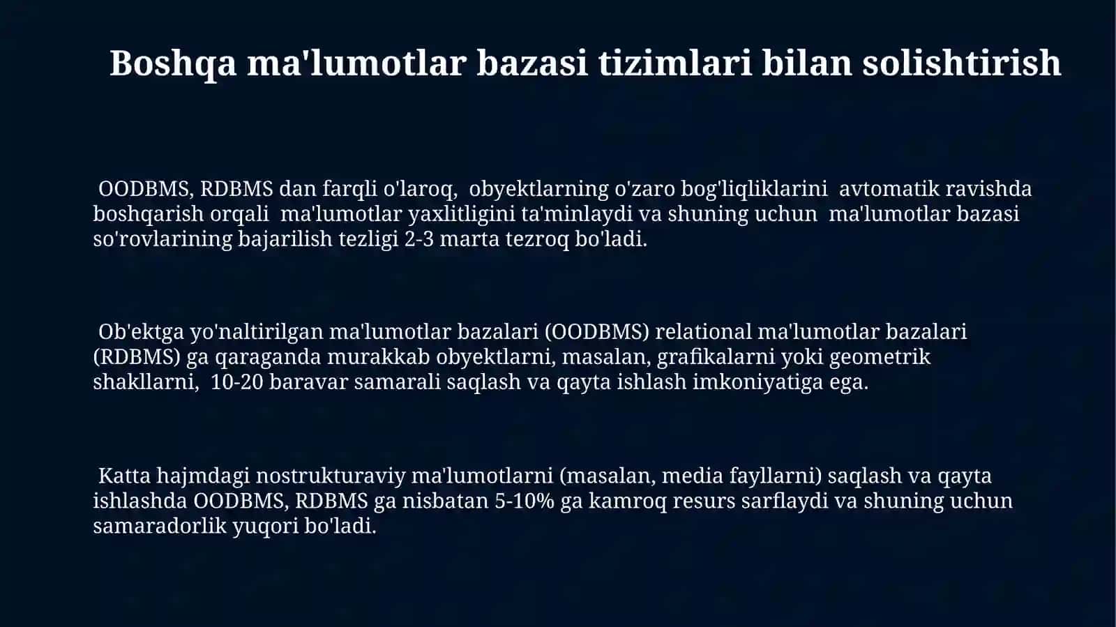Obyektga yo'naltirilgan ma'lumotlar bazasining imkoniyatlari 3