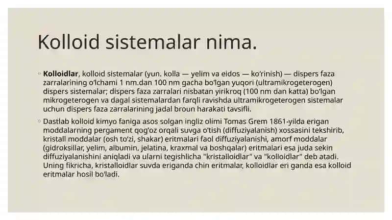 Kolloid sistemalarni dializ yo‘li bilan tozalash. Gemodializni o‘tkazishda kimyoning ahamiyati. 3